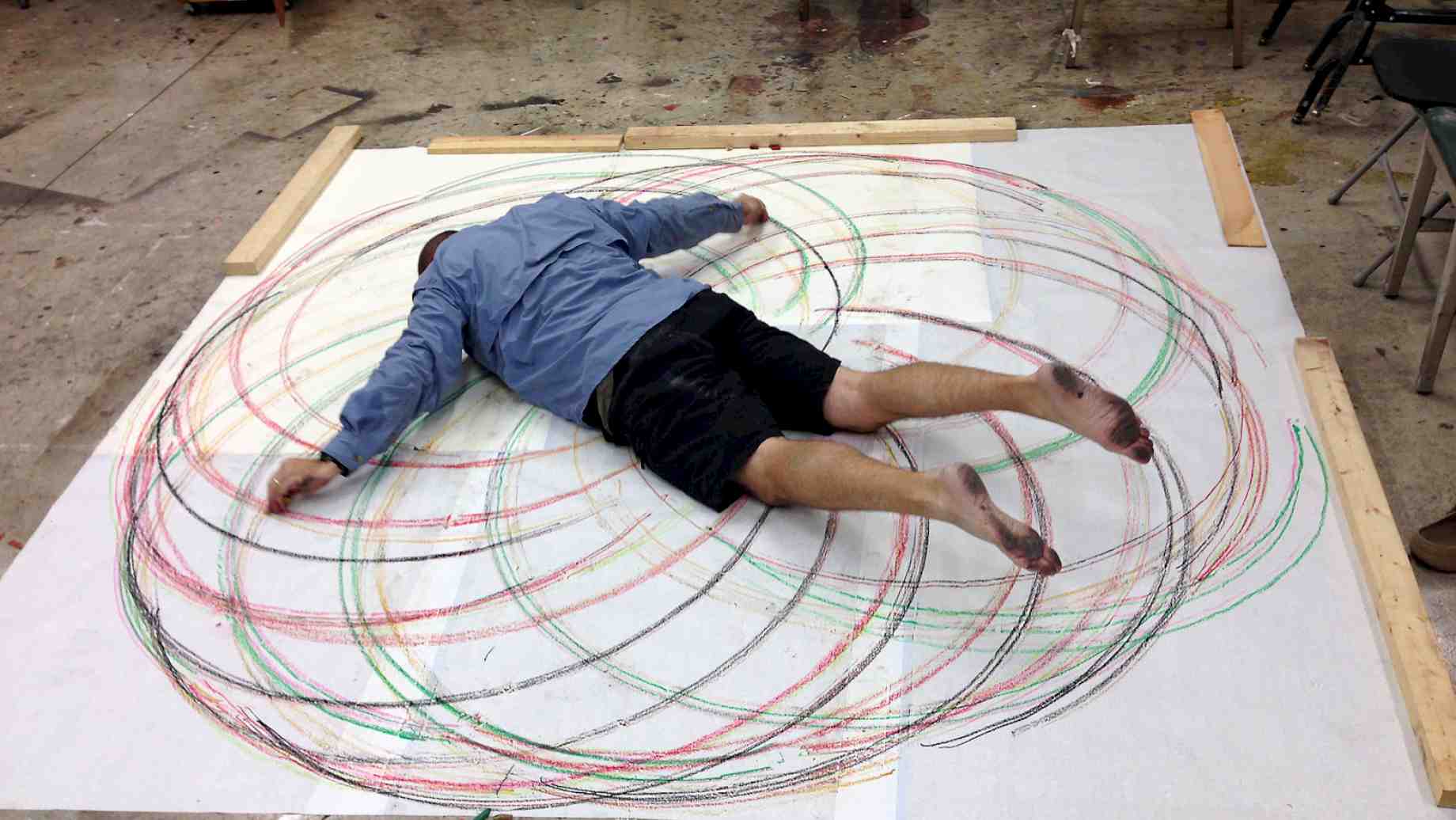 Georgia art teacher Joel Respess "getting down and dirty" during the Experimental Drawing class, Summer 2014.