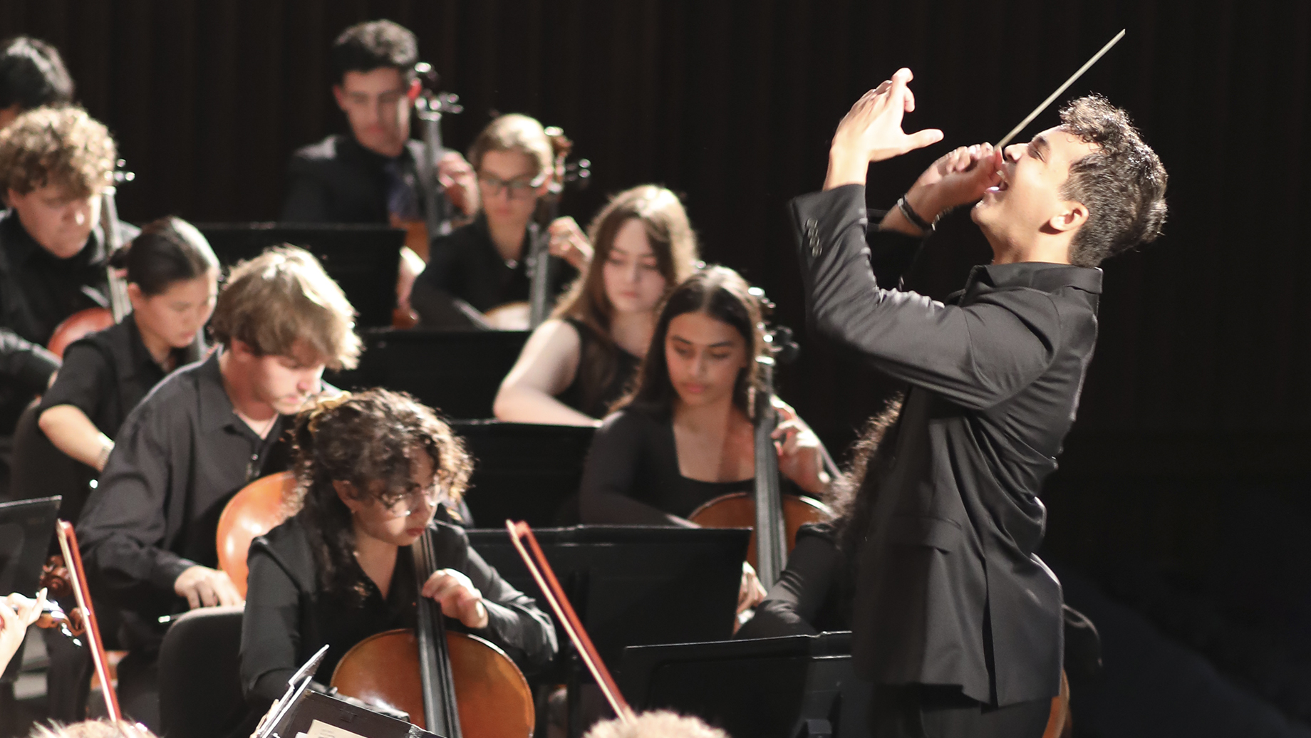 Assistant Conductor Juan Florez conducts the UF Symphony Orchestra’s performance of Berlioz’s Hungarian March from “The Damnation of Faust” October 30, 2024 at the University Auditorium. Photo by Julie Esbjorn