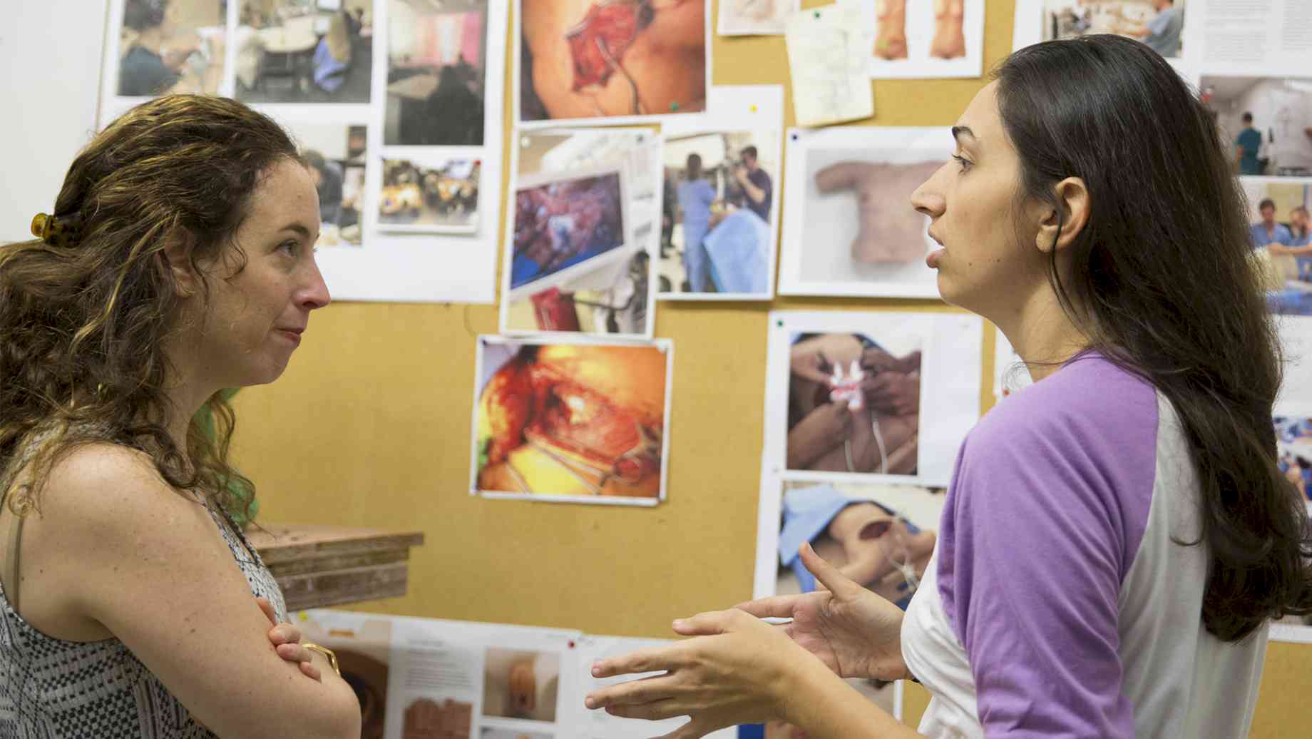 Visiting Artist Aliza Nisenbaum (left) conducts studio visit with Sculpture grad student Morgan Yacoe